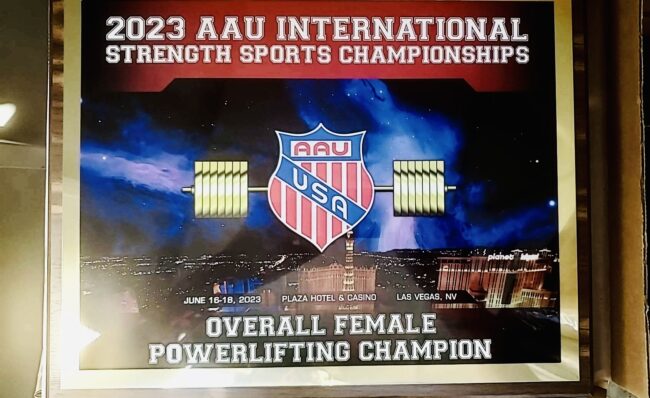 Overall Female Powerlifting Champion 6/16/23 AAU, Debra Stefan, Weight Class 148 Lbs. , Age 70